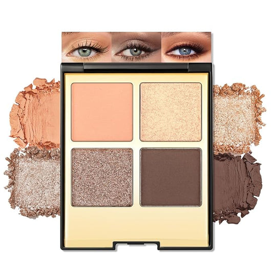 Erinde 4 Colors Eyeshadow Palette Eye Shadow Makeup, Matte Shimmer Metallic Peach Champagne Dark Brown Nude Neutral Eyeshadow, Long Wearing, Velvety Pigmented Blendable, Quad Eye Shadow Palette, 02-Velvo Beauty