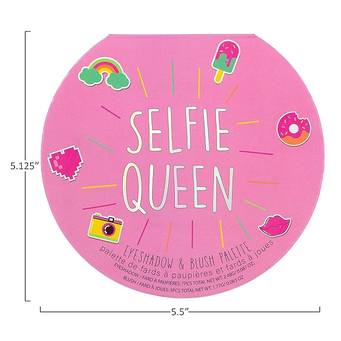 Expressions Selfie Queen Glisten & Glitter Makeup Palette 10 Color Eyeshadow Palette & Blush Makeup Novelty Beauty Set, Fold Out Compact with Mirror, Cute Makeup Kit Gifts - Washable, Non-Toxic-Velvo Beauty