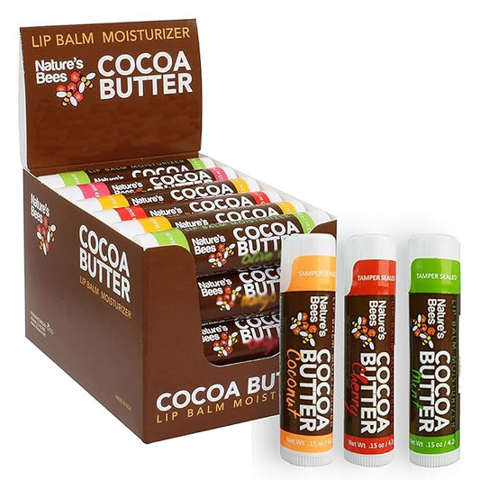 Nature's Bees - Cocoa Butter Lip Balm Moisturizer - Refresh 24 Pack, 3 Flavors - Coconut, Cherry, & Mint - Made w/Coconut Oil, Beeswax, Vitamin E, Aloe, Shea Butter - Made in the USA - 0.15oz (4.2g)-Velvo Beauty