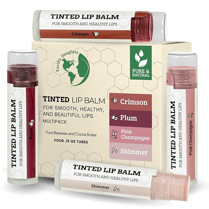 Tinted Lip Balm by Earth’s Daughter – 4 Pack of Assorted Colors – Beeswax, Coconut Oil, Cocoa Butter, Vitamin E – Moisturize and Beautify – Paraben Free-Velvo Beauty