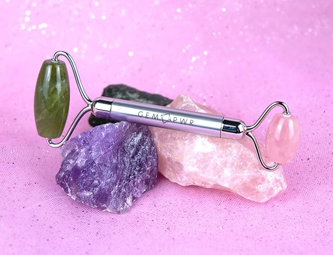 Rose Quartz + Jade Roller for Face and Neck Massage, Dual Gemstones with Durable Steel Handle and Travel Bag. Minimize Wrinkles, Reduce Puffiness and Restore Skin's Elasticity and Radiance-Velvo Beauty