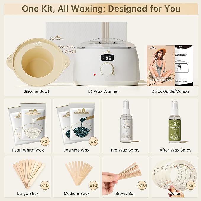 Lifestance Waxing Kit for Women & Men - L3 Digital Warmer, Silicone Wax Pot Liner, Hair Removal Kit with 4 Hard Wax Beads (14.1oz) & 45 Accessories, Professional for Brazilian, Bikini, Face, Leg, Body-Velvo Beauty