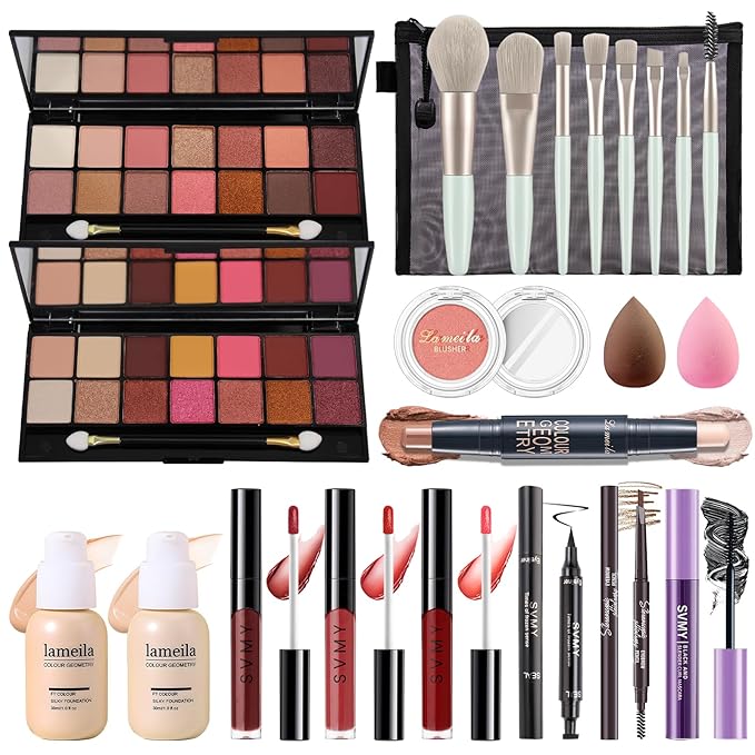 Makeup Present Set for Teen Girl Women, Travel Makeup Kit, Makeup Full Kit for Beginner, Makeup Bundle Include 2 Matte & Shimmer Eyeshadow Palettes, Liquid Glitter Eyeshadow & Eyeliner-Velvo Beauty