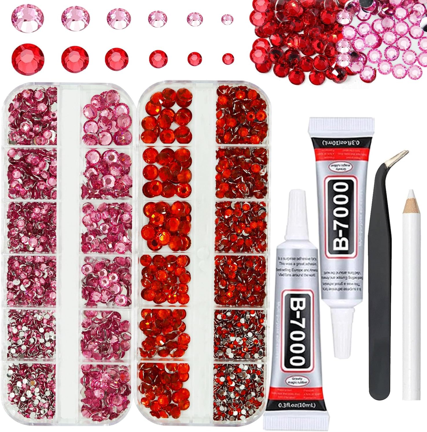 Pink and Red Rhinestones with Glue(S8-S30) for Bedazzling,2mm-6mm Non-Hotfix Flatback Nail Gems Beads with B7000, Resin Nail GemsStones Diamond Kit for Bedazzle Crafting, Nails DIY Art Decoration-Velvo Beauty