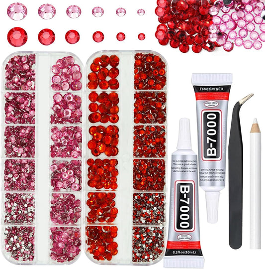 Pink and Red Rhinestones with Glue(S8-S30) for Bedazzling,2mm-6mm Non-Hotfix Flatback Nail Gems Beads with B7000, Resin Nail GemsStones Diamond Kit for Bedazzle Crafting, Nails DIY Art Decoration-Velvo Beauty