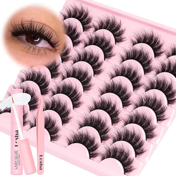 Losha Lashes Fluffy False Eyelashes 5D Volume Eye Lashes Kit with Lash Glue and Lash Tweezers 14 Pairs Vegan Fake Eyelashes Soft Faux Mink Lashes Pack (Thrives)-Velvo Beauty