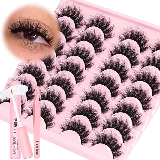 Losha Lashes Fluffy False Eyelashes 5D Volume Eye Lashes Kit with Lash Glue and Lash Tweezers 14 Pairs Vegan Fake Eyelashes Soft Faux Mink Lashes Pack (Thrives)-Velvo Beauty