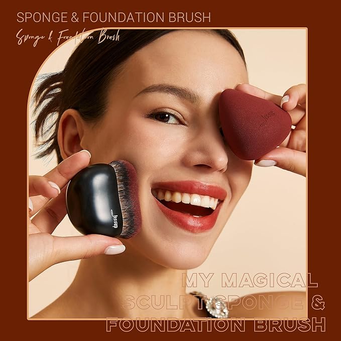 Jessup Foundation Brush with Makeup Sponge, Black Makeup Brush Flat Top Kabuki Brush for Liquid Blending Stippling, T881-Velvo Beauty