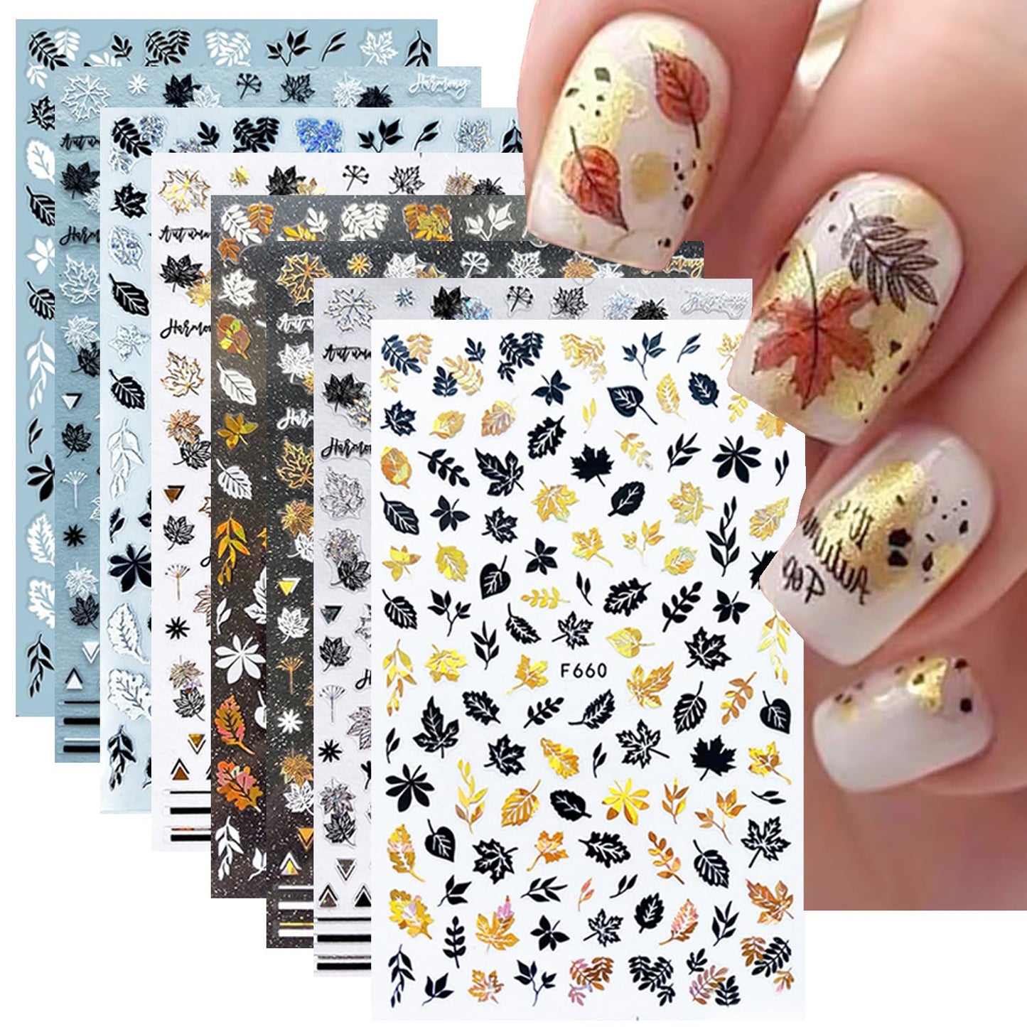 8 Sheets Fall Leaves Nail Art Stickers Gold Maple Leaf Self-Adhesive Nail Decals 3D Stickers Foil Autumn Maple Nail Designs Laser Shiny Manicure Tip Fall Nail Decorations for Thanksgiving Day Supplies-Velvo Beauty