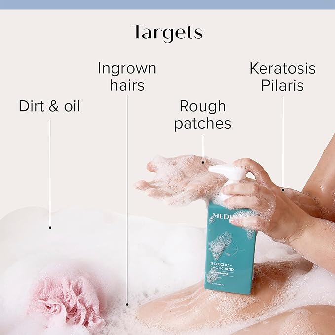 Medix 20% Glycolic Acid Booster + Exfoliating Body Wash Cleanser Skin Care 2PC Set | AHA Exfoliant Body Wash + Body Serum Both Refine + Soften Dead Dry Skin, Bumps, Wrinkles, & Fine Lines, Bundle-Velvo Beauty
