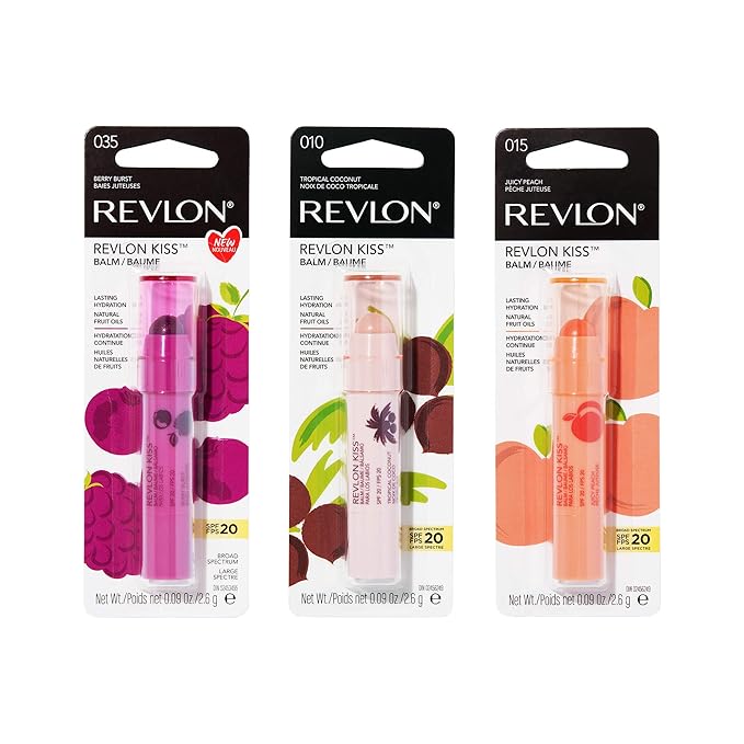 Revlon Lip Balm, Kiss Tinted Lip Balm, Face Makeup with Lasting Hydration, SPF 20, Infused with Natural Fruit Oils, 3 Piece Set, Juicy peach, Berry Burst & Coconut, 0.09 Oz-Velvo Beauty