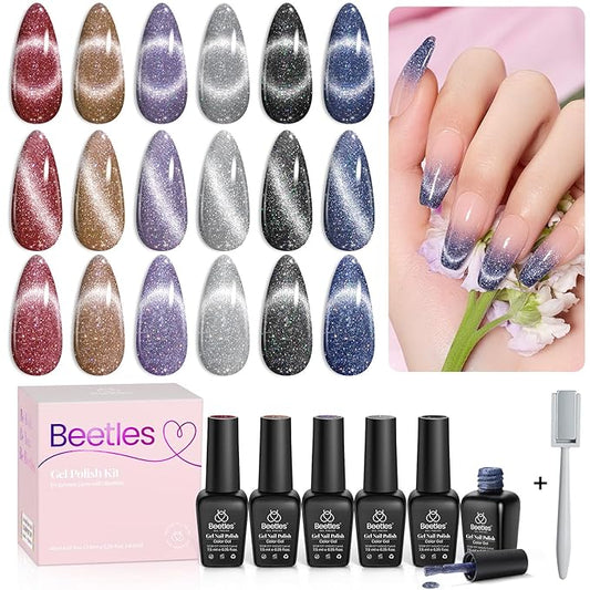 Beetles Cat Eye Gel Nail Polish Set 6 Colors Glitter Red Purple Blue Nail Polish with Magnet Spring Gel Polish Soak Off U V Led Gifts for Women Girls Salon DIY Home-Velvo Beauty