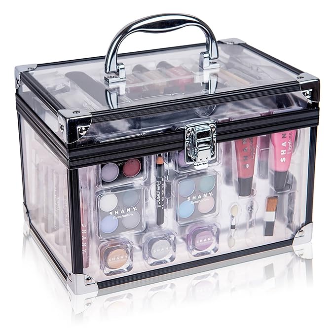 SHANY Carry All Trunk Makeup Train Case with Re-usable Aluminum Makeup Storage Case. Non Toxic Color Make up Set with Eye palettes, Blushes,Makeup Powders, Manicure, Pedicure and Makeup Brushes.-Velvo Beauty