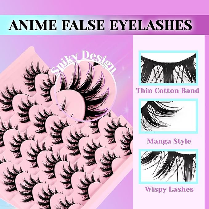 Losha Lashes Spiky Manga Lashes 14 Pairs Wispy False Eyelashes Natural Eye Lashes Kit with Lash Glue and Lash Tweezers Soft Anime Fake Eyelashes (Fairy)-Velvo Beauty
