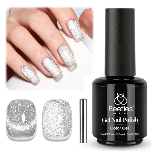 Beetles Sliver Cat Eye Gel Nail Polish - 15ML Glitter Cat Eye Magnetic Holographic Fall Gel Polish Soak Off UV Salon DIY French Nail Art Gift for Women-Velvo Beauty