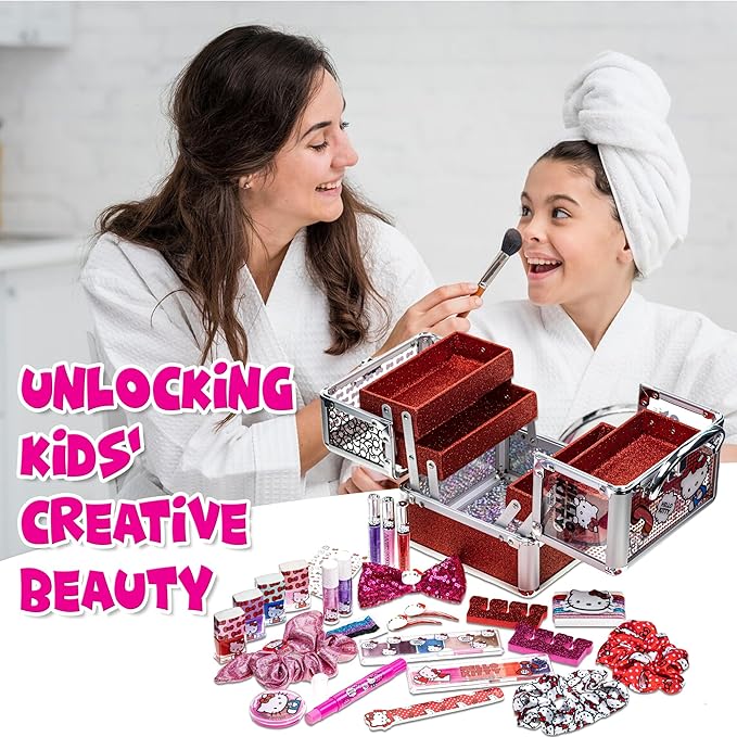 Hello Kitty - Townley Girl Train Case Cosmetic Makeup Set Includes Lip Gloss, Eye Shimmer, Nail Polish, Hair Accessories & More! For Girls, Ages 3+ Perfect for Parties & Makeovers-Velvo Beauty