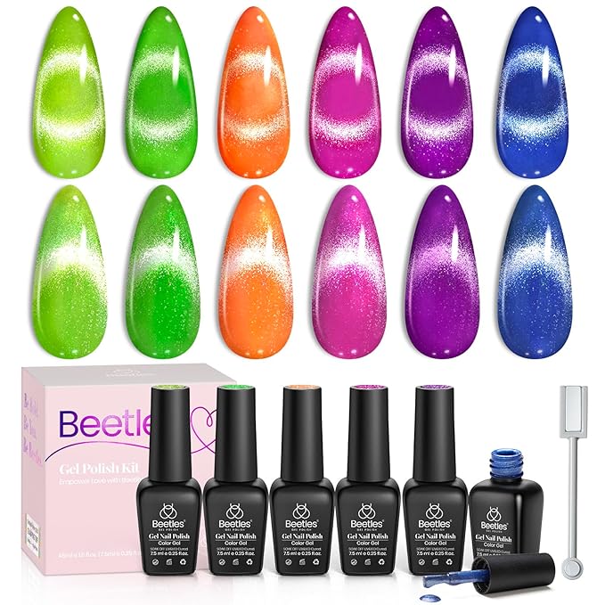 Beetles Cat Eye Gel Nail Polish Set, 6 Colors Summer Neon Holographic Glitter Gel Polish Kit Hot Pink Orange Purple Blue Green Magnetic Nail Polish Soak Off UV French Nail Art Gift for Women-Velvo Beauty