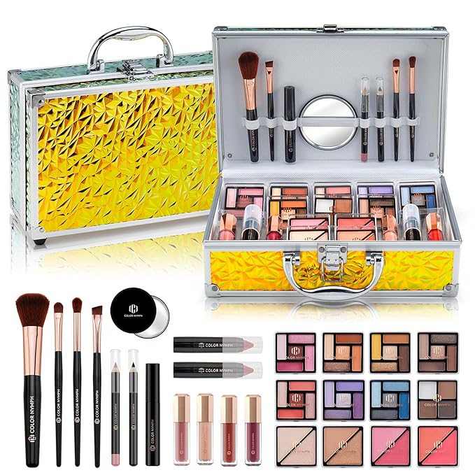 Color Nymph Beginner Makeup Kit for Teens, Train Case Girls Makeup Set with Eye Shadow, Lipstick, Blush, Brushes, Lipgloss, Mascara, Brow Wax and Mirror Green Full Starter Cosmetics Set-Velvo Beauty