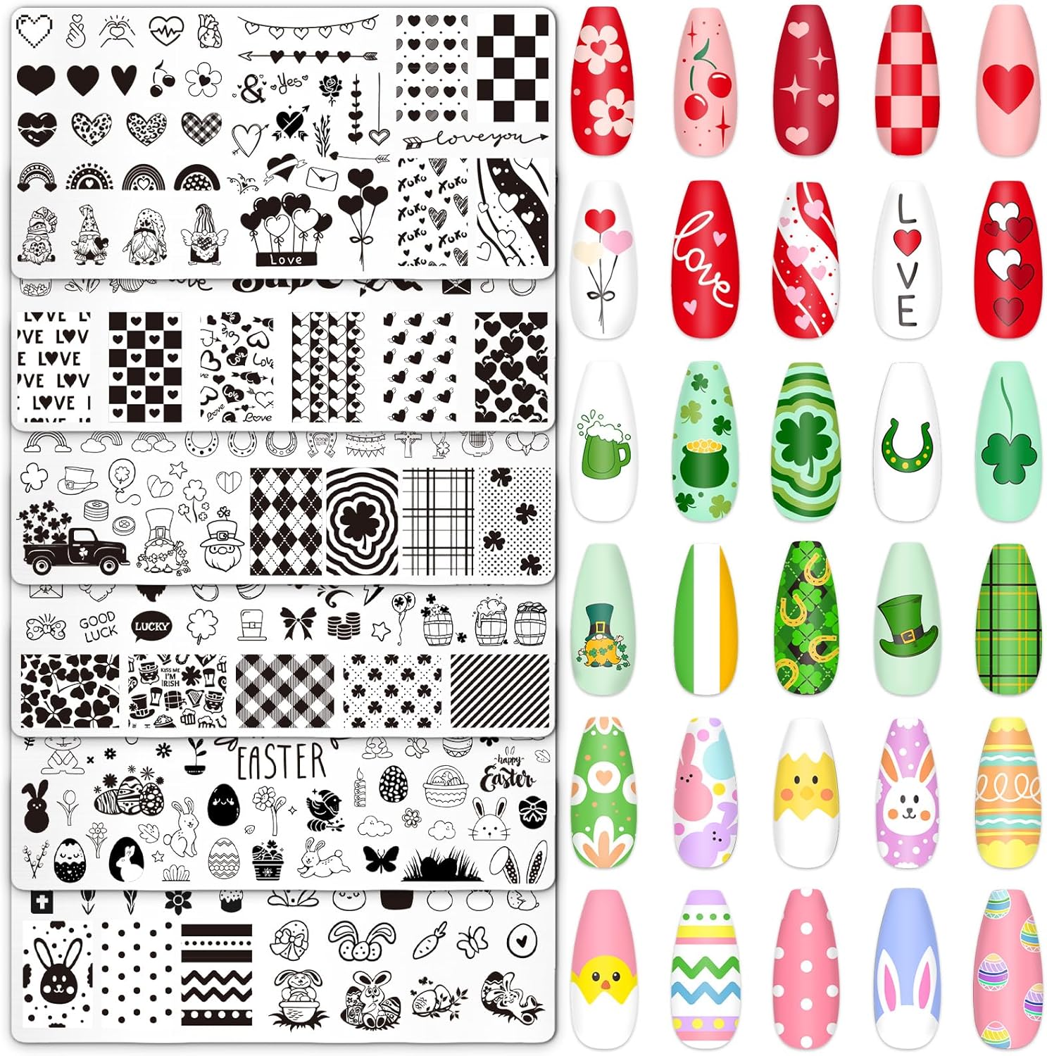 Whaline 6Pcs Valentine's Day St. Patrick's Day Easter Nail Plates Stamping Set Heart Shamrock Egg Stamp Templates Nail Art Plates for DIY Print Manicure Salon Design-Velvo Beauty