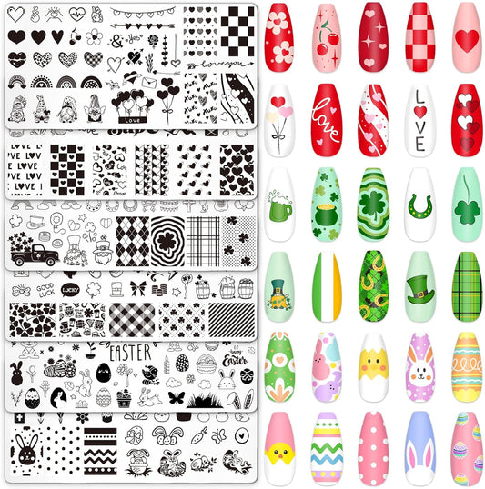 Whaline 6Pcs Valentine's Day St. Patrick's Day Easter Nail Plates Stamping Set Heart Shamrock Egg Stamp Templates Nail Art Plates for DIY Print Manicure Salon Design-Velvo Beauty