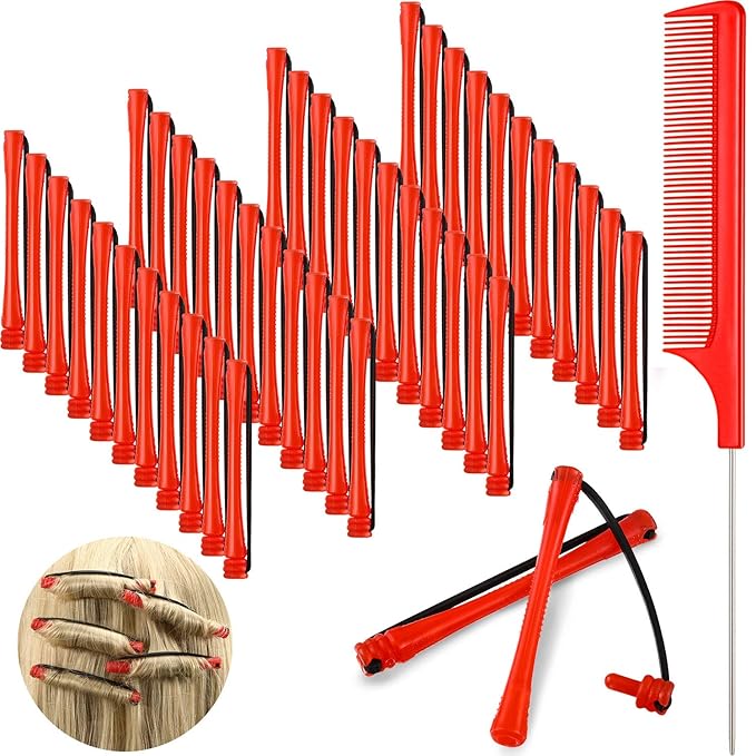 48 Pieces Hair Perm Rods Short Cold Wave Rods Plastic Perming Irons Hair Curling Rollers Curlers with Steel Pintail Comb Rat Tail Comb for Hairdressing Styling Supplies(0.2 Inch,Red)-Velvo Beauty