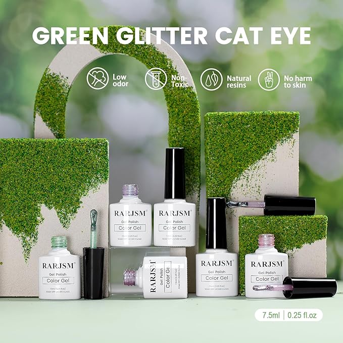 RARJSM Green Cat Eye Gel Nail Polish Set 6pcs Reflective Sparkly Diamond Glitter Nude Pink Blue Purple Clear Glass Cateye Gelpolish with Magnet Stick 7.5ml Curing Requires Soak Off for Home Salon-Velvo Beauty