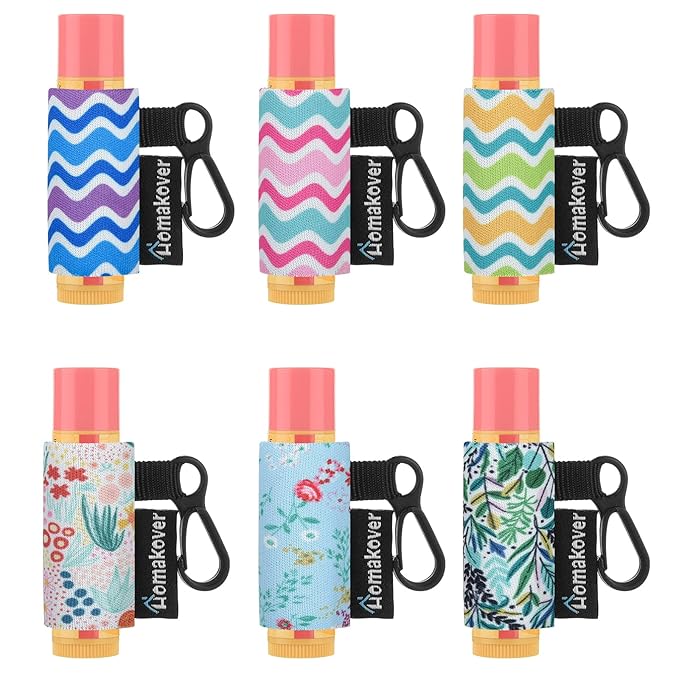 6 Pack Compact Clip-On Chapstick Holder Premium Release Clip Neoprene Sleeve Lip Balm with Clip Fits Most Standard Lip Balm, Large-Velvo Beauty