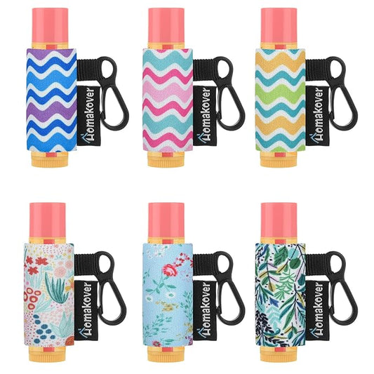 6 Pack Compact Clip-On Chapstick Holder Premium Release Clip Neoprene Sleeve Lip Balm with Clip Fits Most Standard Lip Balm, Large-Velvo Beauty