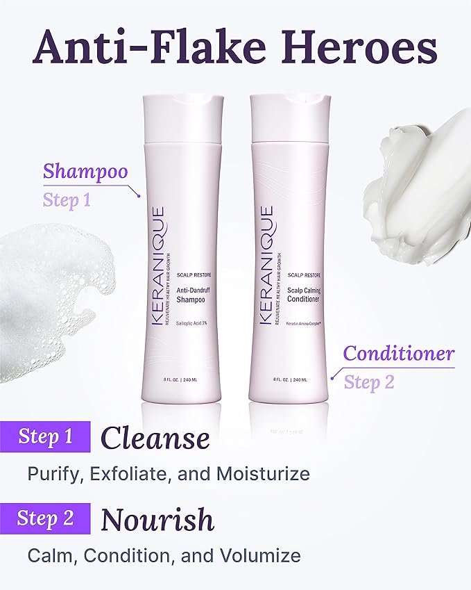 Anti Dandruff Shampoo & Scalp Restoring Conditioner - Gentle for Color-Treated Hair - Best for Thinning Hair & Dry Scalp - Antidandruff Shampoo for Women & Deep Conditioner by Keranique-Velvo Beauty