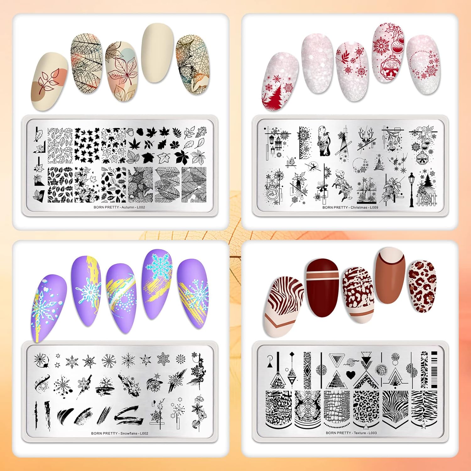 Born Pretty Nail Stamping Plates 8PCS Nail Art Design Kit Fall Winter Halloween Christmas Tree with Snowflake Cute Deer Nail Art Image Plates Halloween Christmas Patterns Templates DIY Printing Tools-Velvo Beauty
