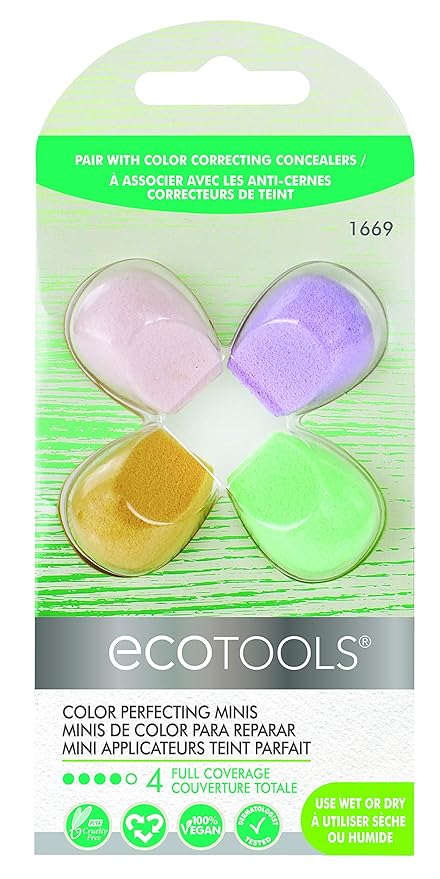 EcoTools Cruelty Free Color Perfecting Minis, Four Sponges Designed with Eco Foam Technology, a Unique Shape for Enhanced Precision, Purple, 4 Count-Velvo Beauty