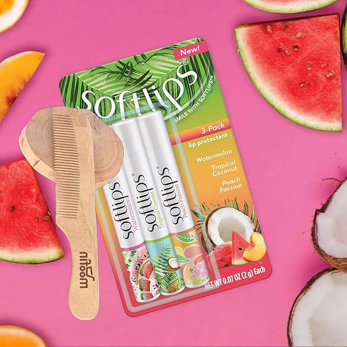 SoftLips Lip Balm, 0.63 oz - Tropical Lip Balm in Hydrating Watermelon, Coconut & Peach Flavors with Shea Butter & Vitamin E, Bundle with Moofin Wooden Comb, Nourishing LipBalm Set (Pack of 1)-Velvo Beauty