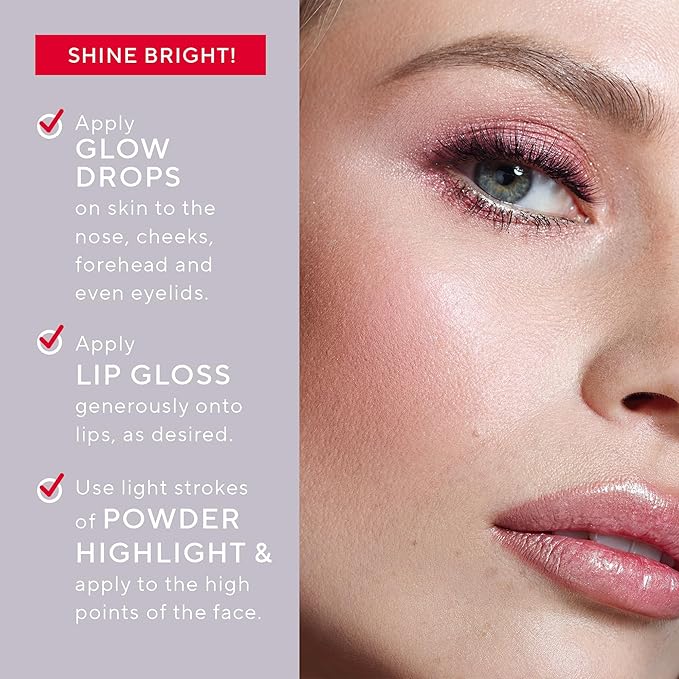 Mirabella 4-Piece Makeup Set for Women & Girls, Illuminizing Holiday Gift Set - Make-Up Set Includes Lip Gloss, Glow Drops, Powder Highlight & Blender Sponge - Talc-Free & Paraben Free Cosmetic Set-Velvo Beauty