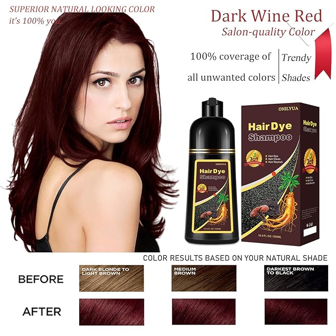 Dark Wine Red Hair Dye Shampoo, 100% Gray Hair Coverage for Men & Women, Instant and Long-lasting Hair Color Shampoo in Minutes, 3 in 1 Pure Plant Extract Natural Hair Dye Kit for All Hair Types-Velvo Beauty