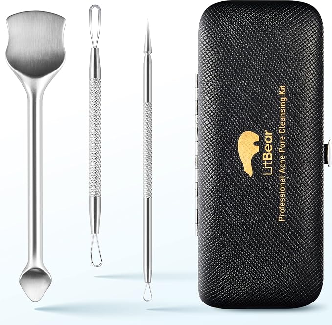 LitBear Pore Prep Tool, Blackhead Remover Pimple Popper Tool Kit, Stainless Steel Blackhead Extractions Tool for Acne, Whitehead Popping, Blemish, Comedone, Black-Velvo Beauty