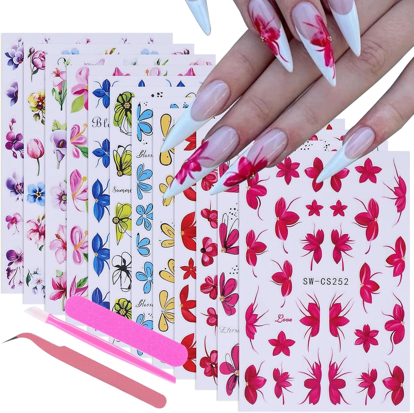 Flower Petal Nail Art Sticker 12 PCS Simple French Floral Nail Decals Lily Orchid Leaves Flamingo Designs with Tweezers Hot Pink Blue Purple Green Flower Sliders Nail Art Decoration DIY Accessories-Velvo Beauty