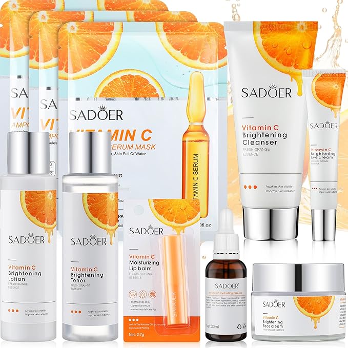 10 Pcs Skin Care Sets Face Care Set for Women Includes 1 Pcs Cleanser, Toner, Lotion, Eye Cream, Serum, Face Cream, Lip Balm and 3 Facial Masks Skincare Gift for Girls (Vitamin C)-Velvo Beauty
