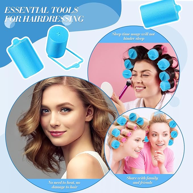 Geyoga 18 Pieces Sponge Hair Rollers Large Soft Foam Hair Styling Curlers Large Size Hairdressing Curlers for Women(1.4 x 2.6 Inches,Blue)-Velvo Beauty