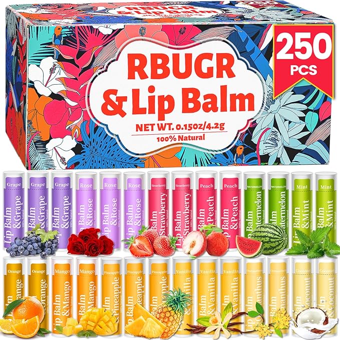 250 Pcs Lip Balm Bulk,12 Fruit Flavored Natural Bulk Lip Balm, Lip Balms Pack with Vitamin E, Lip Balm Gift Set Women Stocking Stuffers Party Favors, Moisturizing&Soothing(4.2g/0.15oz)-Velvo Beauty