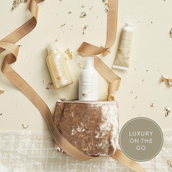 Thymes Perfumed Travel Set and Beauty Bag - Contains Body Wash, Body Lotion & Hand Cream - Goldleaf-Velvo Beauty