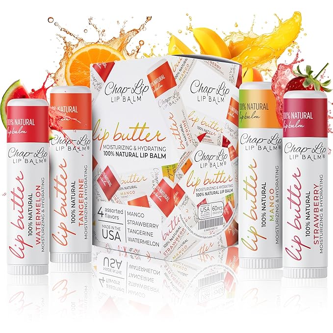CHAP-LIP 100% All Natural Lip Balm Hydrating Bulk Chap Stick with Fruit Flavors, Coconut Oil, and Cocoa Butter - Lip Therapy Pack for Men and Women - Gift Set Made in the USA, 60 Pack-Velvo Beauty