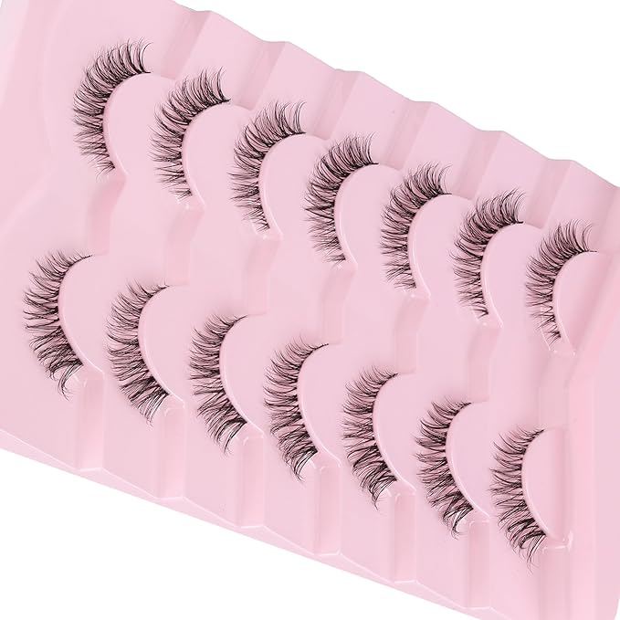 Cat Eyelashes Wispy False Eyelashes Natural 12mm Short Lashes with Thin Band Fake Eyelash 3D Volume Strip Lashes Siligli Eyelash Pack 7 Pair-Velvo Beauty