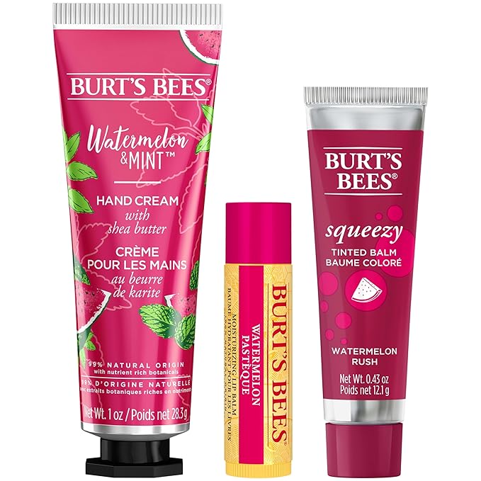 Burt's Bees Mothers Day Gifts for Mom, 3 Self Care Products, You're One in a Melon - Watermelon & Mint Hand Cream, Watermelon Lip Balm & Watermelon Rush Squeezy Tinted Lip Balm (Packaging May Vary)-Velvo Beauty