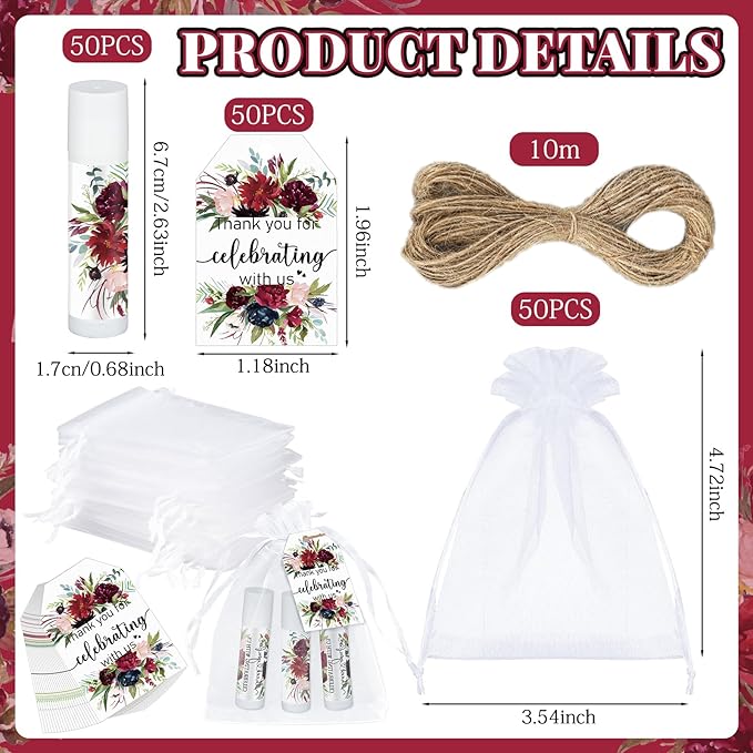 Dunzy 50 Pack Bridal Shower Favors Gifts Bulk Burgundy Floral Lip Balms Party Supplies Wedding Party Favors Bachelorette Prizes Souvenirs Thank You Appreciation Gifts for Guests Women Coworker Staff-Velvo Beauty