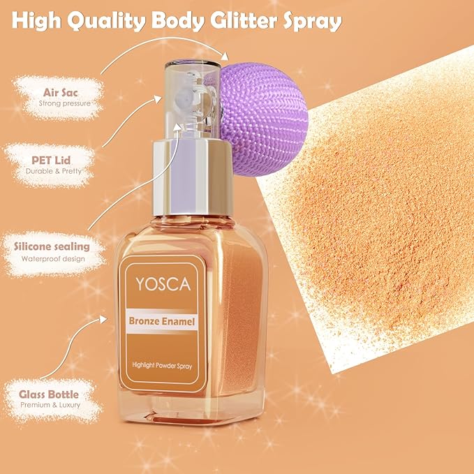 Yosca Highlighter Powder Spray, 20ML Cosmetic Grade Shimmer Powder Glitter Spray Sparkle Highlighter Makeup Festival Concert Accessorise for Rave Clothes Hair Face Nail Art - Bronze Enamel-Velvo Beauty