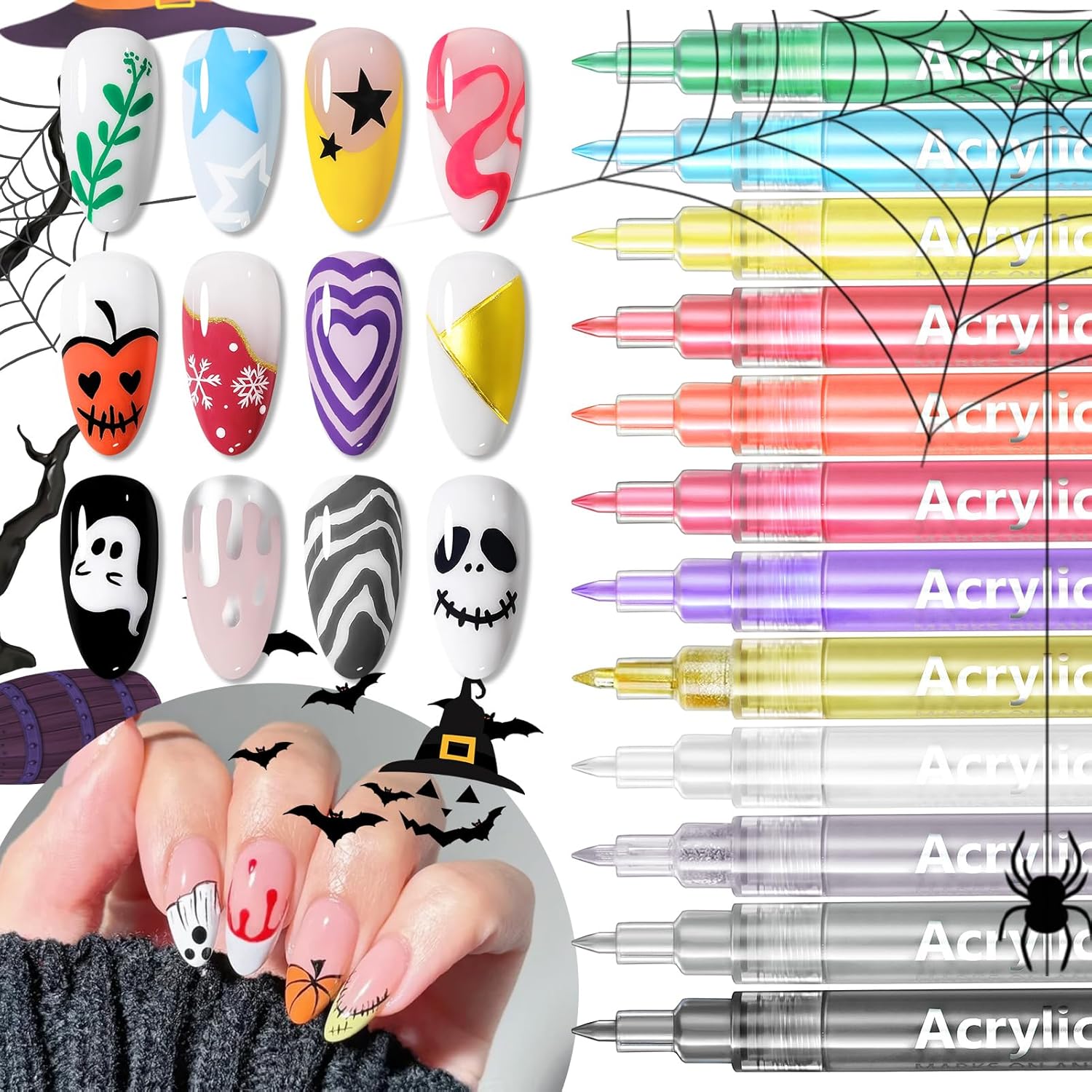 Born Pretty 12 Colors Nail Art Pens Set, Halloween Black White Orange Purple Colors 3D Acrylic Nail Polish Pens Quick Dry Nail Markers for Halloween Drawing Painting Dotting Pen DIY Manicure Tools-Velvo Beauty