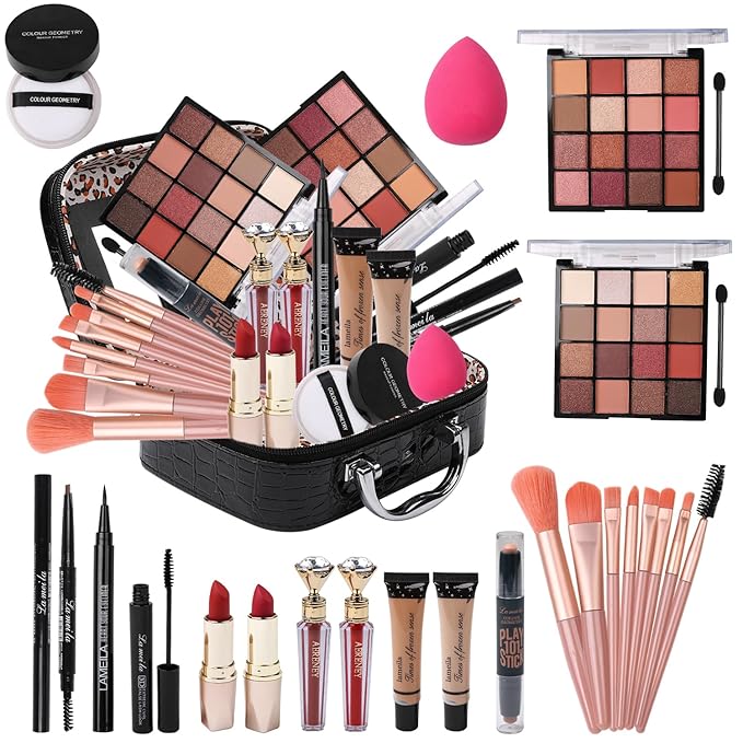 Makeup Kit for Teen Girls,All in One Makeup Kit for 2X16 Colors Eyeshadow Liquid Foundation Eyeliner Pencils Contouring Stick Lip Gloss Eyebrow Pencils 8Pcs Makeup Brushes etc (black)-Velvo Beauty