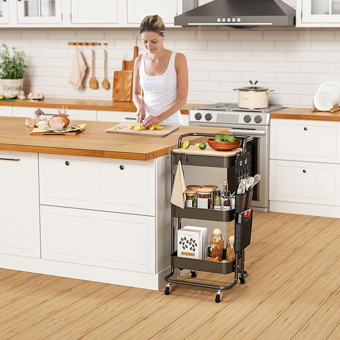 DTK 3 Tier Metal Utility Rolling Cart with Table Top and Side Bags, Tray Storage Organizer Wheels, Art Craft 4 Hooks for Kitchen Bathroom Office Living Room (Black)-Velvo Beauty