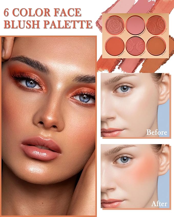 Matte Rose Face Blush Palette Kit with Brush-6 Color High Pigment Silky Mineral Blendable Blusher Contour Powder for Cheeks,Longlasting Eyeshadow Facial Beauty Cosmetic Makeup Gift for Women-Set 02-Velvo Beauty