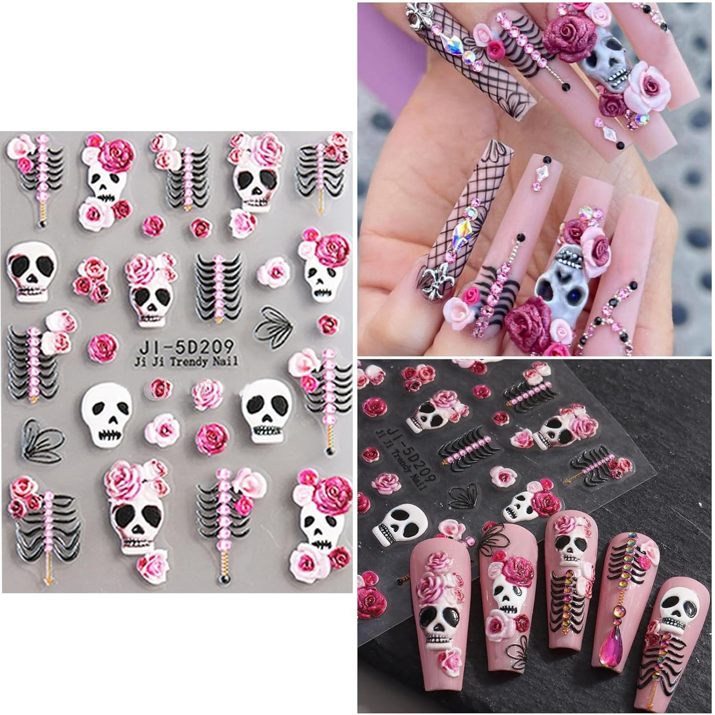 5 Sheets Halloween Nail Art Stickers Decals 5D Nail Decals Gold White Bone Pattern Sticker Self-Adhesive Skull Nails Supplies Accessories 3for Women Halloween Nails DIY Decoration-Velvo Beauty